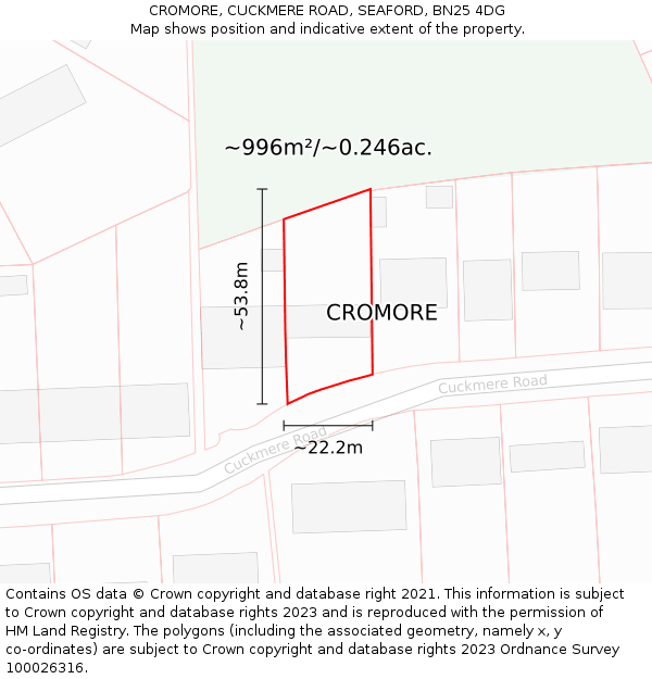 CROMORE, CUCKMERE ROAD, SEAFORD, BN25 4DG: Plot and title map