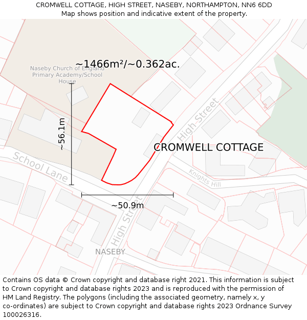 CROMWELL COTTAGE, HIGH STREET, NASEBY, NORTHAMPTON, NN6 6DD: Plot and title map