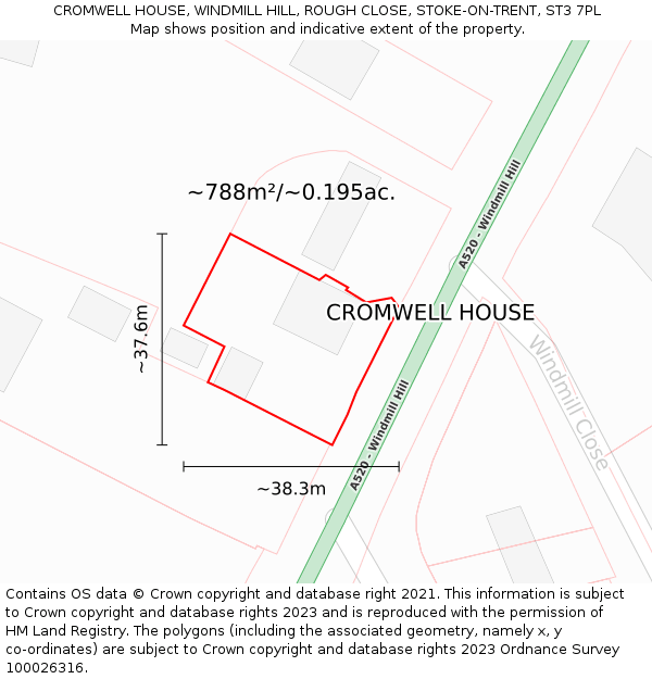 CROMWELL HOUSE, WINDMILL HILL, ROUGH CLOSE, STOKE-ON-TRENT, ST3 7PL: Plot and title map