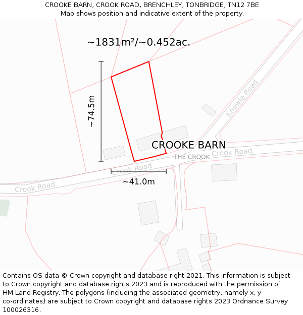 CROOKE BARN, CROOK ROAD, BRENCHLEY, TONBRIDGE, TN12 7BE: Plot and title map