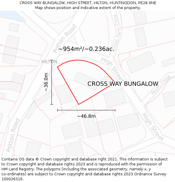 CROSS WAY BUNGALOW, HIGH STREET, HILTON, HUNTINGDON, PE28 9NE: Plot and title map