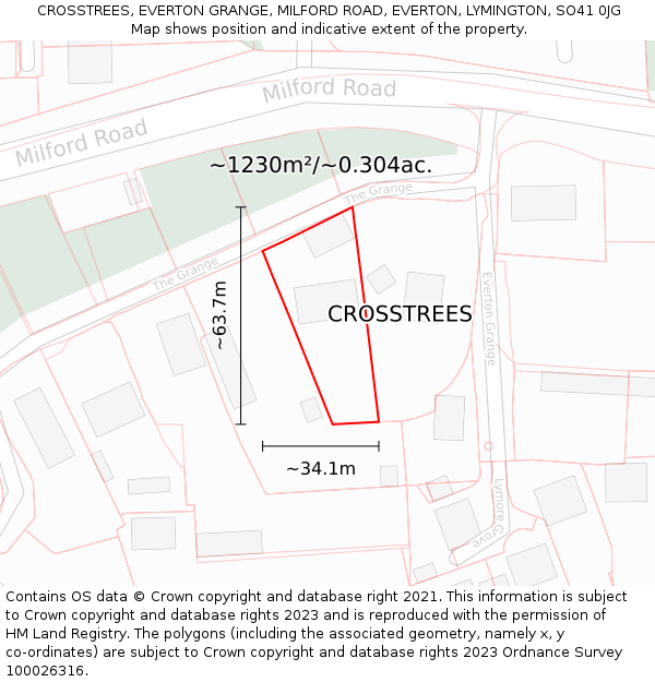 CROSSTREES, EVERTON GRANGE, MILFORD ROAD, EVERTON, LYMINGTON, SO41 0JG: Plot and title map