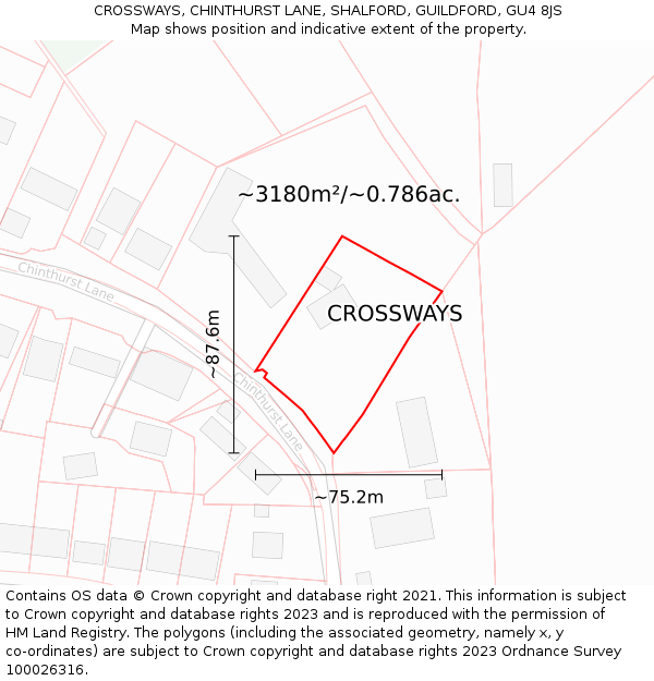 CROSSWAYS, CHINTHURST LANE, SHALFORD, GUILDFORD, GU4 8JS: Plot and title map