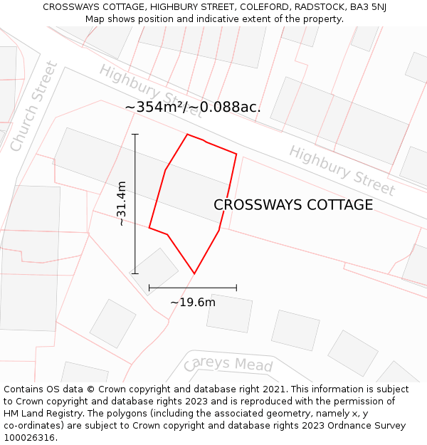 CROSSWAYS COTTAGE, HIGHBURY STREET, COLEFORD, RADSTOCK, BA3 5NJ: Plot and title map