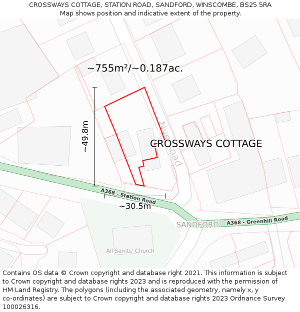 CROSSWAYS COTTAGE, STATION ROAD, SANDFORD, WINSCOMBE, BS25 5RA: Plot and title map