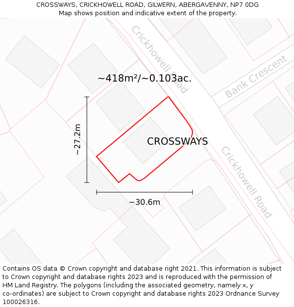 CROSSWAYS, CRICKHOWELL ROAD, GILWERN, ABERGAVENNY, NP7 0DG: Plot and title map