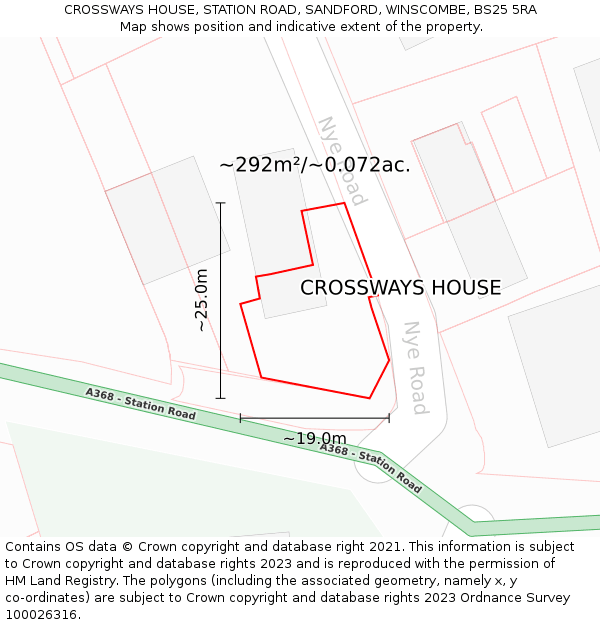 CROSSWAYS HOUSE, STATION ROAD, SANDFORD, WINSCOMBE, BS25 5RA: Plot and title map