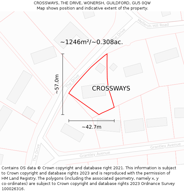 CROSSWAYS, THE DRIVE, WONERSH, GUILDFORD, GU5 0QW: Plot and title map