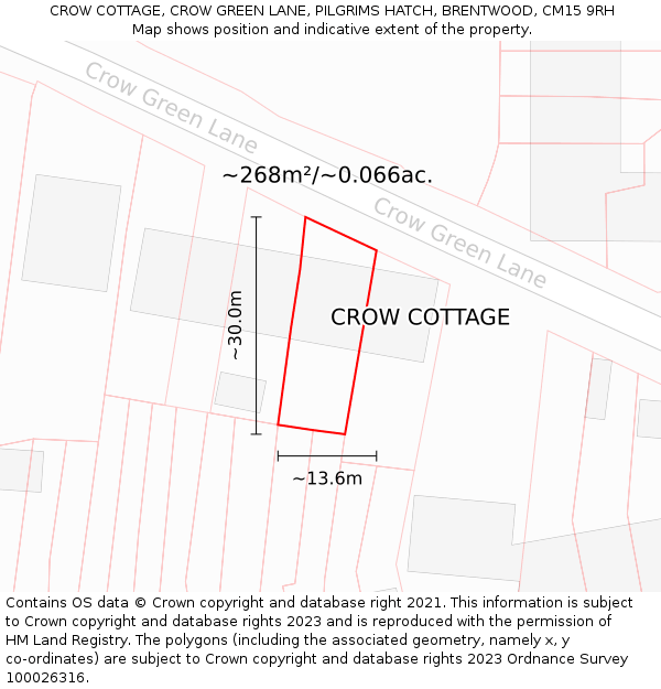 CROW COTTAGE, CROW GREEN LANE, PILGRIMS HATCH, BRENTWOOD, CM15 9RH: Plot and title map