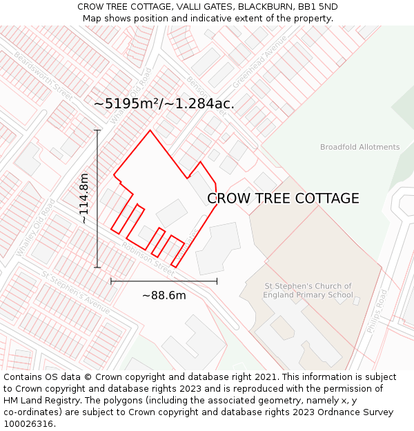 CROW TREE COTTAGE, VALLI GATES, BLACKBURN, BB1 5ND: Plot and title map