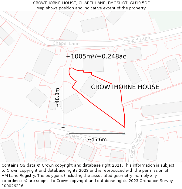 CROWTHORNE HOUSE, CHAPEL LANE, BAGSHOT, GU19 5DE: Plot and title map