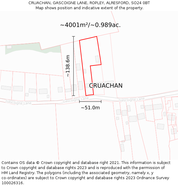 CRUACHAN, GASCOIGNE LANE, ROPLEY, ALRESFORD, SO24 0BT: Plot and title map