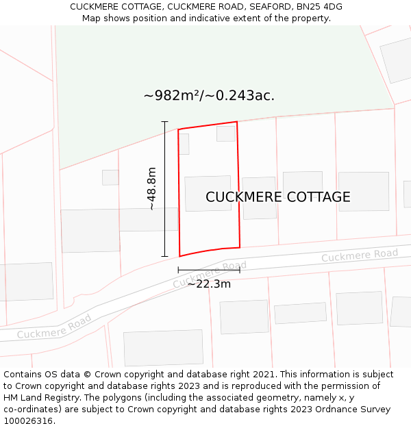 CUCKMERE COTTAGE, CUCKMERE ROAD, SEAFORD, BN25 4DG: Plot and title map