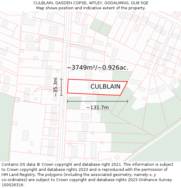 CULBLAIN, GASDEN COPSE, WITLEY, GODALMING, GU8 5QE: Plot and title map