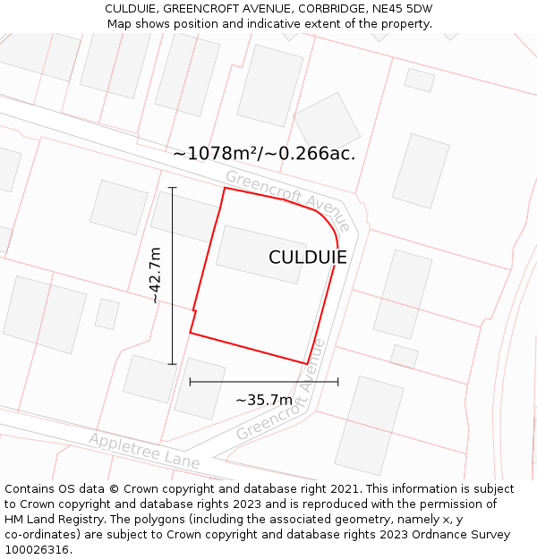 CULDUIE, GREENCROFT AVENUE, CORBRIDGE, NE45 5DW: Plot and title map