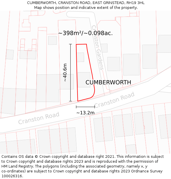 CUMBERWORTH, CRANSTON ROAD, EAST GRINSTEAD, RH19 3HL: Plot and title map