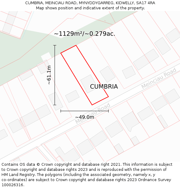 CUMBRIA, MEINCIAU ROAD, MYNYDDYGARREG, KIDWELLY, SA17 4RA: Plot and title map