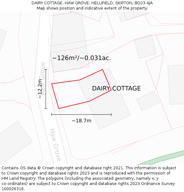 DAIRY COTTAGE, HAW GROVE, HELLIFIELD, SKIPTON, BD23 4JA: Plot and title map