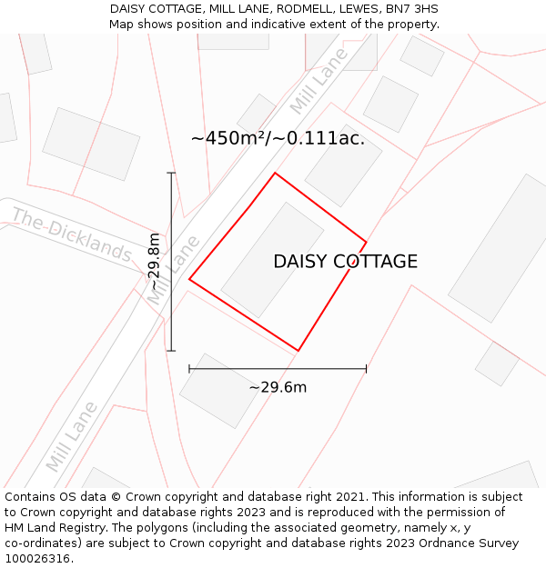 DAISY COTTAGE, MILL LANE, RODMELL, LEWES, BN7 3HS: Plot and title map