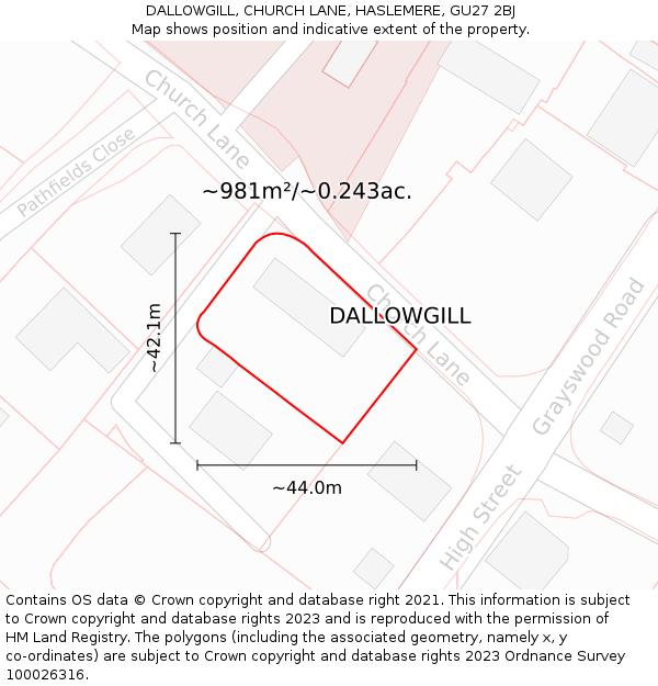 DALLOWGILL, CHURCH LANE, HASLEMERE, GU27 2BJ: Plot and title map