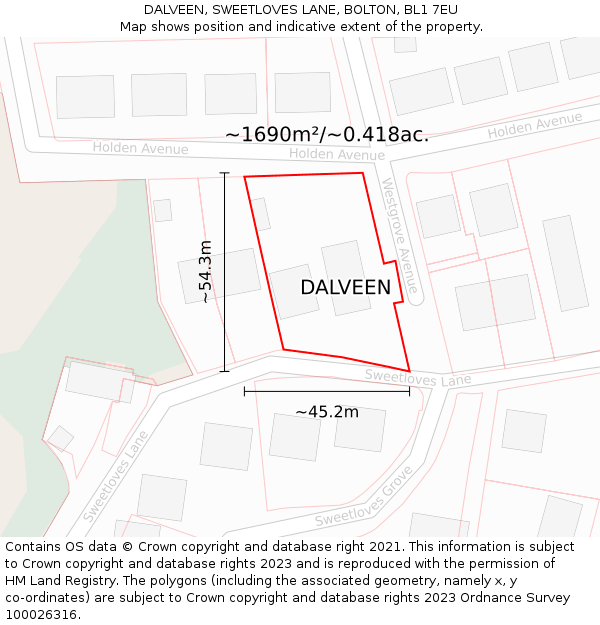 DALVEEN, SWEETLOVES LANE, BOLTON, BL1 7EU: Plot and title map