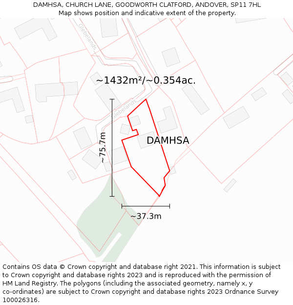 DAMHSA, CHURCH LANE, GOODWORTH CLATFORD, ANDOVER, SP11 7HL: Plot and title map