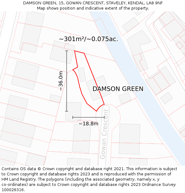 DAMSON GREEN, 15, GOWAN CRESCENT, STAVELEY, KENDAL, LA8 9NF: Plot and title map