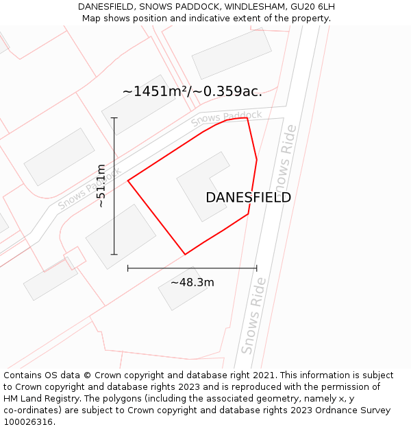 DANESFIELD, SNOWS PADDOCK, WINDLESHAM, GU20 6LH: Plot and title map