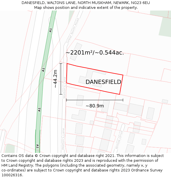 DANESFIELD, WALTONS LANE, NORTH MUSKHAM, NEWARK, NG23 6EU: Plot and title map