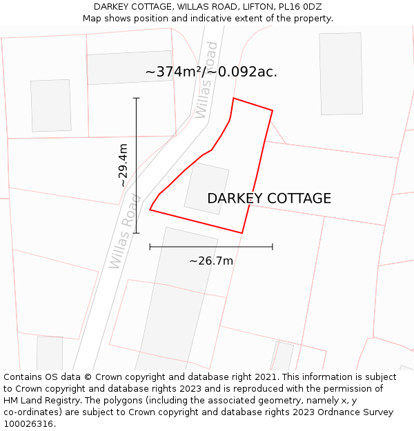 DARKEY COTTAGE, WILLAS ROAD, LIFTON, PL16 0DZ: Plot and title map