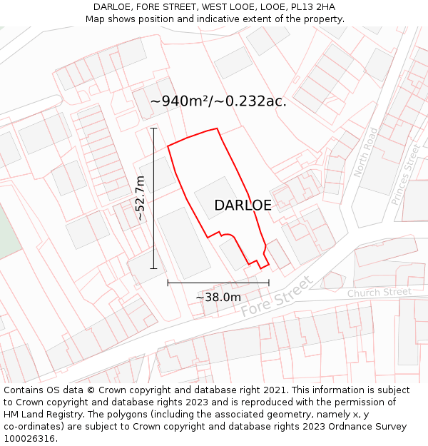 DARLOE, FORE STREET, WEST LOOE, LOOE, PL13 2HA: Plot and title map