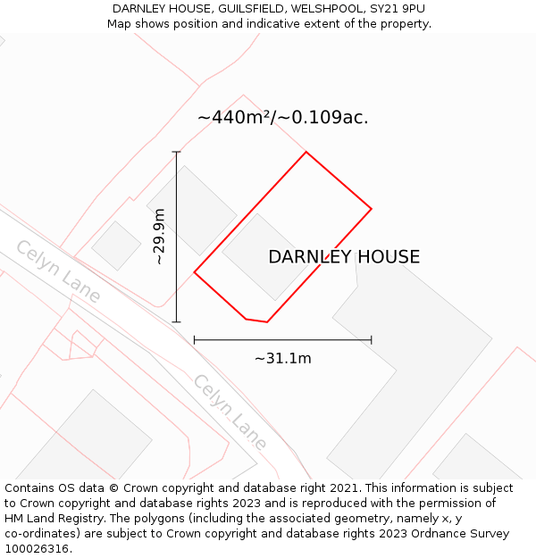 DARNLEY HOUSE, GUILSFIELD, WELSHPOOL, SY21 9PU: Plot and title map