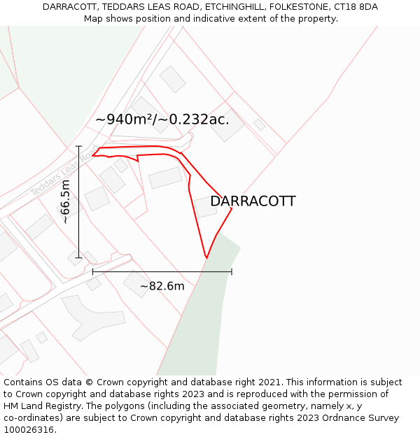 DARRACOTT, TEDDARS LEAS ROAD, ETCHINGHILL, FOLKESTONE, CT18 8DA: Plot and title map