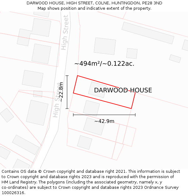 DARWOOD HOUSE, HIGH STREET, COLNE, HUNTINGDON, PE28 3ND: Plot and title map