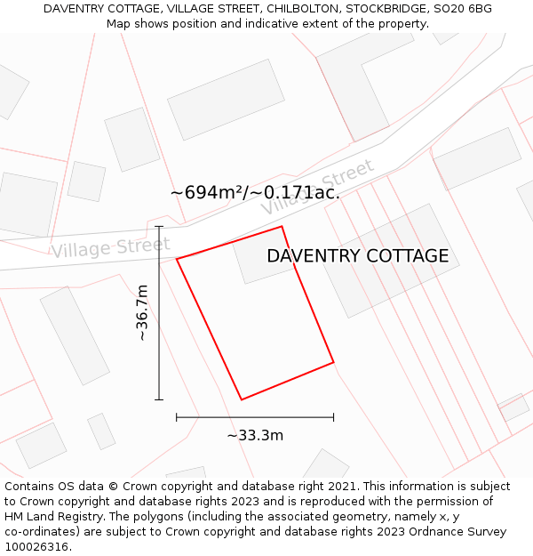 DAVENTRY COTTAGE, VILLAGE STREET, CHILBOLTON, STOCKBRIDGE, SO20 6BG: Plot and title map