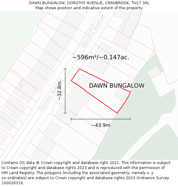 DAWN BUNGALOW, DOROTHY AVENUE, CRANBROOK, TN17 3AL: Plot and title map