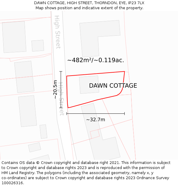 DAWN COTTAGE, HIGH STREET, THORNDON, EYE, IP23 7LX: Plot and title map