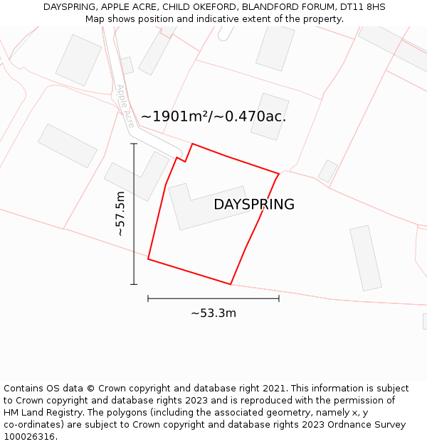 DAYSPRING, APPLE ACRE, CHILD OKEFORD, BLANDFORD FORUM, DT11 8HS: Plot and title map