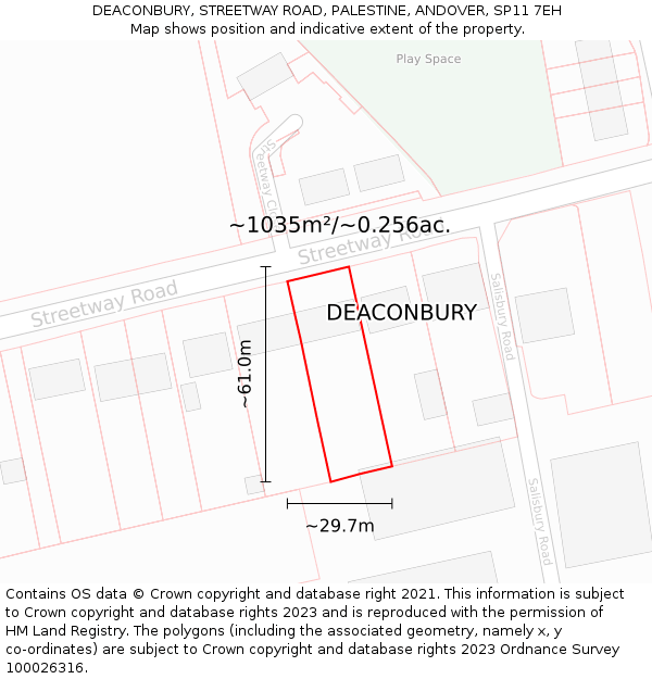 DEACONBURY, STREETWAY ROAD, PALESTINE, ANDOVER, SP11 7EH: Plot and title map