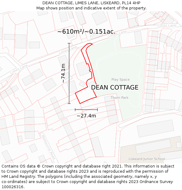 DEAN COTTAGE, LIMES LANE, LISKEARD, PL14 4HP: Plot and title map