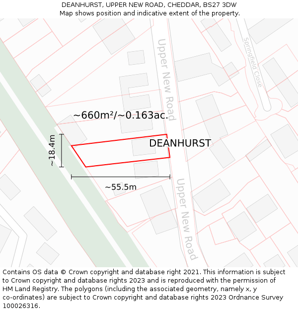 DEANHURST, UPPER NEW ROAD, CHEDDAR, BS27 3DW: Plot and title map