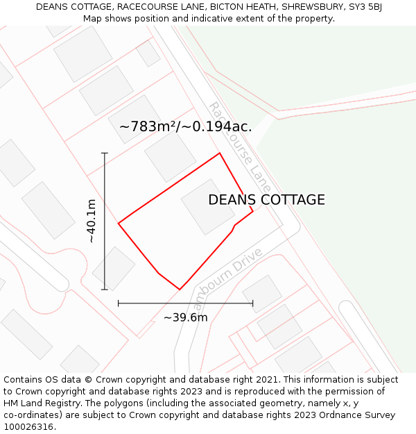 DEANS COTTAGE, RACECOURSE LANE, BICTON HEATH, SHREWSBURY, SY3 5BJ: Plot and title map