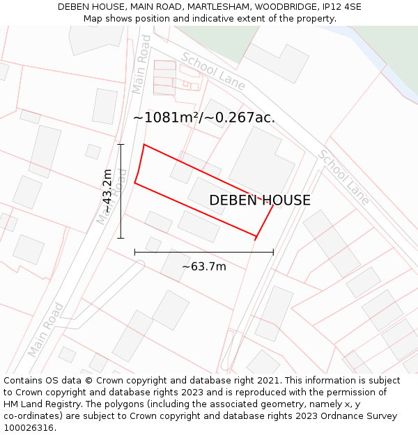 DEBEN HOUSE, MAIN ROAD, MARTLESHAM, WOODBRIDGE, IP12 4SE: Plot and title map