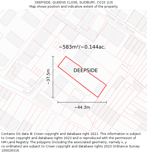 DEEPSIDE, QUEENS CLOSE, SUDBURY, CO10 1US: Plot and title map