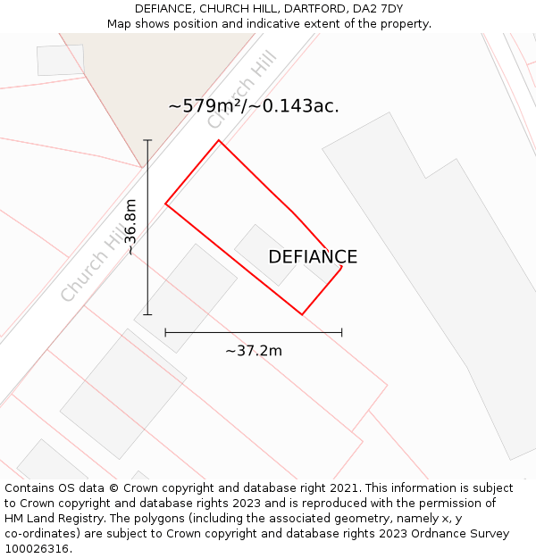 DEFIANCE, CHURCH HILL, DARTFORD, DA2 7DY: Plot and title map