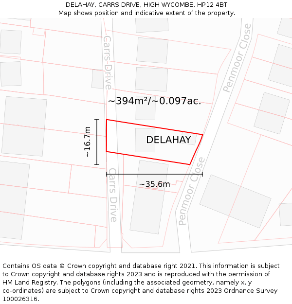 DELAHAY, CARRS DRIVE, HIGH WYCOMBE, HP12 4BT: Plot and title map