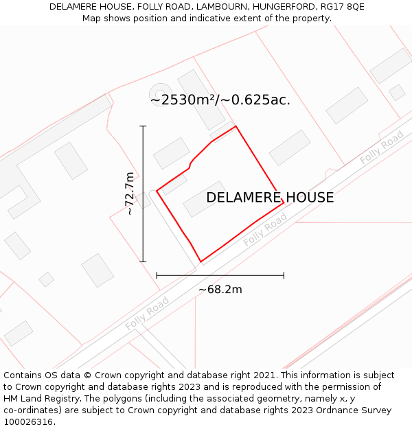 DELAMERE HOUSE, FOLLY ROAD, LAMBOURN, HUNGERFORD, RG17 8QE: Plot and title map