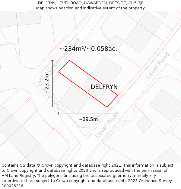 DELFRYN, LEVEL ROAD, HAWARDEN, DEESIDE, CH5 3JR: Plot and title map