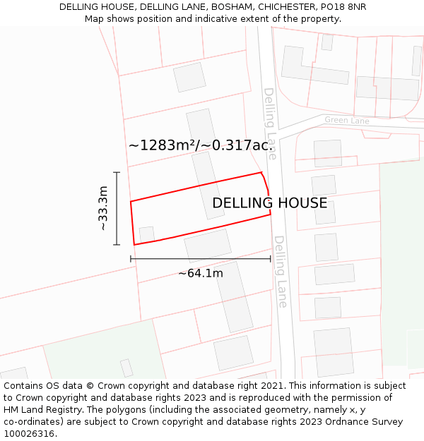 DELLING HOUSE, DELLING LANE, BOSHAM, CHICHESTER, PO18 8NR: Plot and title map