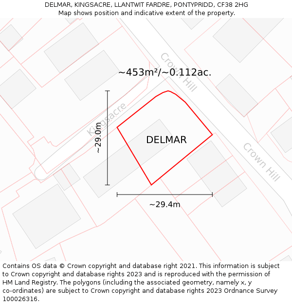 DELMAR, KINGSACRE, LLANTWIT FARDRE, PONTYPRIDD, CF38 2HG: Plot and title map